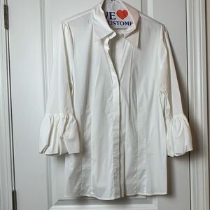 BCBG Maxazria White 3/4 Sleeve Button-Down with Ruffles Sleeves Size Large